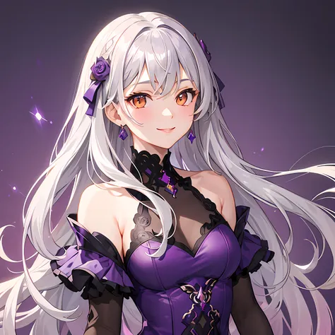 masterpiece, best quality, 1 girl, gray hair, (orange eyes:1.0), (purple dress:1.3), simple background, purple background, smile