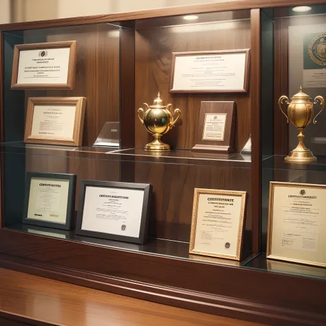 On a display case, there are many certificates, many trophies, all trade-related certificates and trophies. --auto --s2