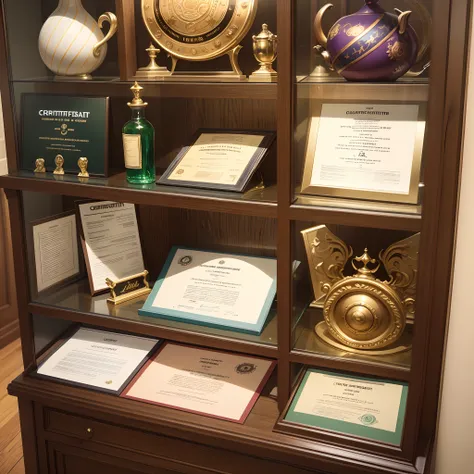 On a display case, there are many certificates, many trophies, all trade-related certificates and trophies. --auto --s2