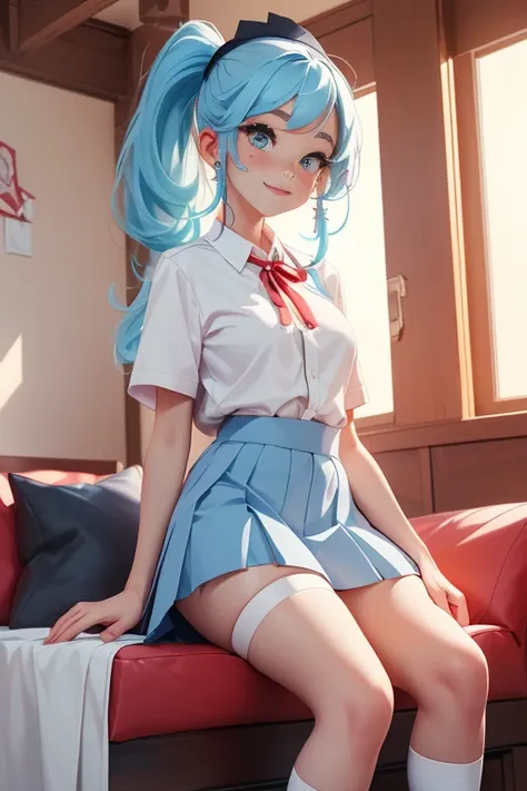 Young girls，double-ponytail，Pale blue hair，red color eyes，JK school uniform，solo person，Maid skirt，white stockings，White knee-length socks，Suspenders，looking to the camera，in a panoramic view，Lying on the couch，Five black males，White T-shirt，denim pant，Smi...