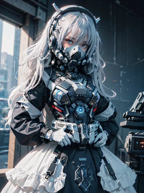 Girl (wearing huge glowing blue scifi cobalt mask and headphones with complex electronics), Red eyes, white hair, long sideburns, dark gases around her, {extremely detailed 16k CG unit wallpaper}, landscape photography expansive, (a view from below with fo...