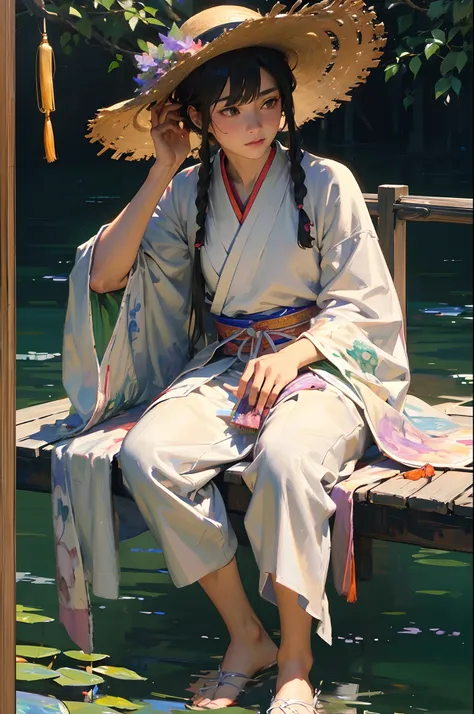 （32k ULTRAHD, Best quality, Masterpiece, ）Man in a straw hat sitting on a boat, Hanfu, Chinese style, White Hanfu, Inspired by Bian Shoumin, inspired by Liu Jun, with acient chinese clothes, inspired by Huang Gongwang, inspired by Gu An, inspired by Chen D...