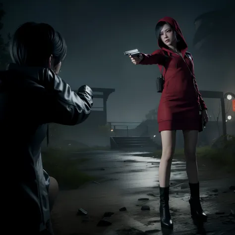 Ada wong, beautiful face, bob hair, perfect Face, wearing mini red dress hoody, wearing hoody, black nail polish, sad face, shy