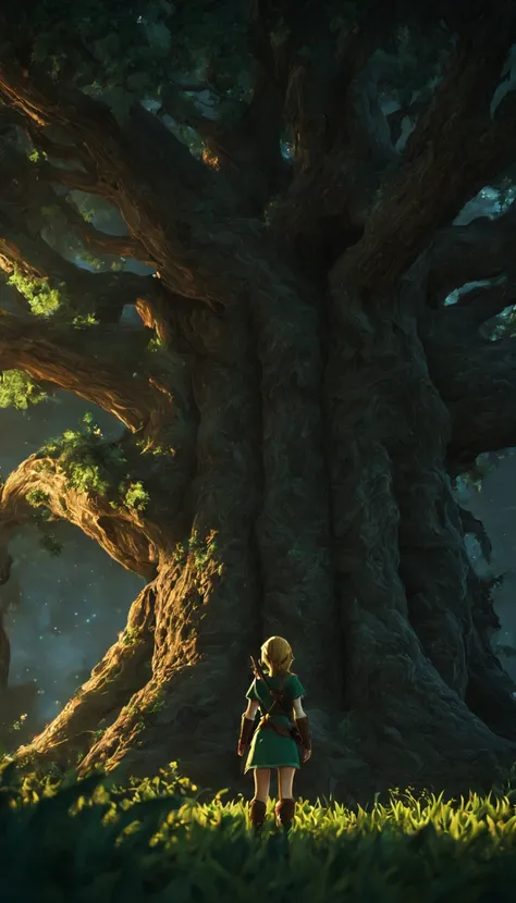 A femenine version of link from tloz in front of the great deku tree, intricate tree texture, cinematic, Nightfall, soft light from the right, epic, from behind