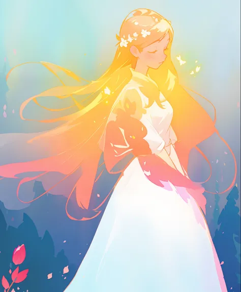 beautiful girl in white puffy ballgown, glowing ballgown, long gold peach hair, delicate white flowers in her hair, colorful fantasia background, watercolor illustration, disney art style, glowing aura around her, glowing lights, beautiful digital illustra...