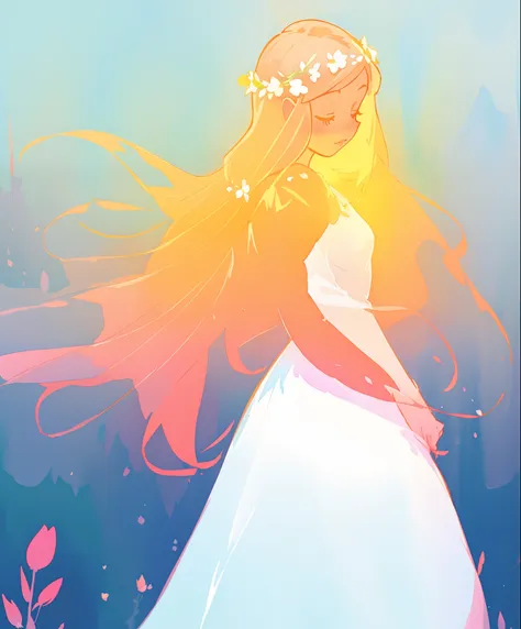 beautiful girl in white puffy ballgown, glowing ballgown, long gold peach hair, delicate white flowers in her hair, colorful fantasia background, watercolor illustration, disney art style, glowing aura around her, glowing lights, beautiful digital illustra...