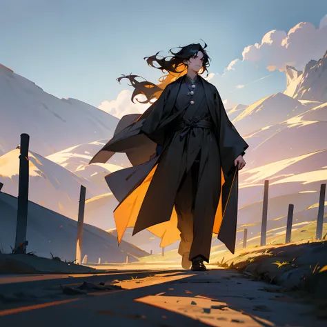 1male, adult, long messy curly black hair, finely detailed black eyes, loose adventure clothing, long coat, best lighting and shadows, walking down mountain path, lanterns, clouds, open field