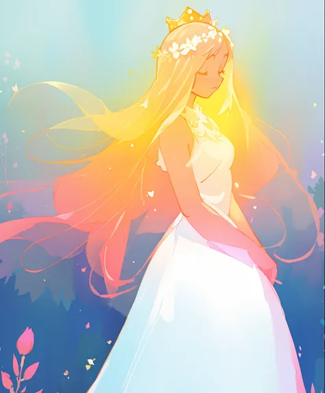 beautiful girl in white puffy ballgown, glowing ballgown, long gold peach hair, crown of delicate white flowers, colorful fantasia background, watercolor illustration, disney art style, glowing aura around her, glowing lights, beautiful digital illustratio...