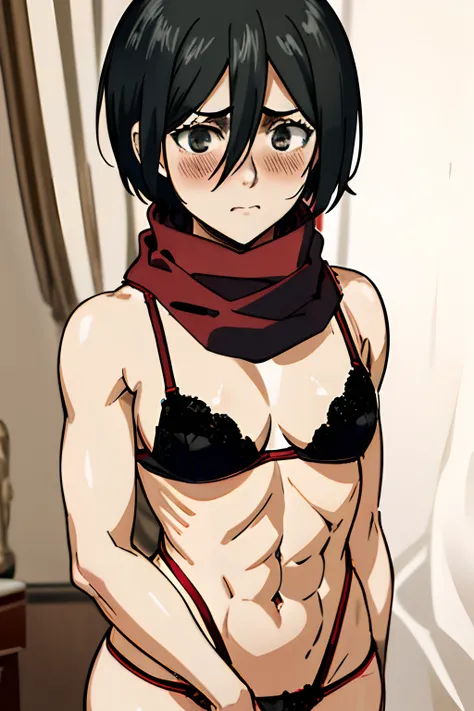 Master Parts, Best Quality, Haute, hmmikasa, Short hair, Black eyes, ((red bra and panties, Underwear)), Scarf, red scarf, attack on titan, nude skin, bedroom, big boobs, thick thighs, abs, slight muscles, blush