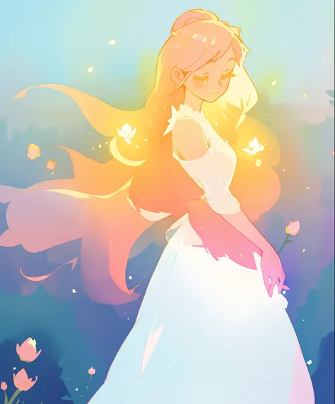 beautiful girl in white puffy ballgown, glowing ballgown, long gold peach hair, delicate white flowers on her head, colorful fantasia background, watercolor illustration, disney art style, glowing aura around her, glowing lights, beautiful digital illustra...