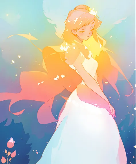 beautiful girl in white puffy ballgown, glowing ballgown, long gold peach hair, delicate white flowers on her head, colorful fantasia background, watercolor illustration, disney art style, glowing aura around her, glowing lights, beautiful digital illustra...