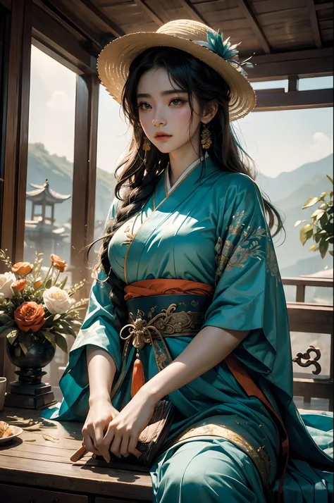 （32k ULTRAHD, Best quality, Masterpiece, ）Alphad sitting on a boat in a straw hat, Cai Xukun, Hanfu, Chinese style, White Hanfu, Inspired by Bian Shoumin, inspired by Liu Jun, with acient chinese clothes, inspired by Huang Gongwang, inspired by Gu An, insp...