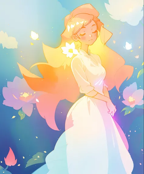 beautiful girl in white puffy ballgown, glowing ballgown, long gold peach hair, delicate white flowers in her hair, colorful fantasia background, watercolor illustration, disney art style, glowing aura around her, glowing lights, beautiful digital illustra...