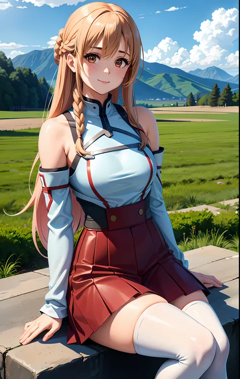 1girl, asuna_\(sao\), bangs, bare_shoulders, blue_sky, blush, boots, braid, breastplate, breasts, brown_eyes, closed_mouth, clou...