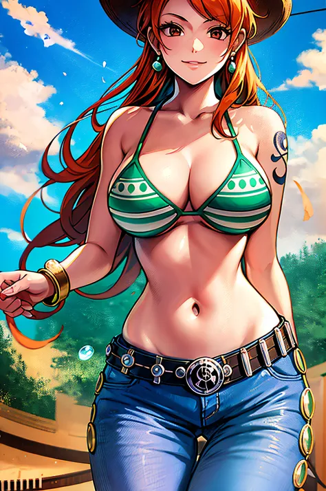 detailed background, masterpiece, best quality, 1girl, solo, nami (one piece), 1girl, bangle, bangs, bare shoulders, belt, bikini, bikini top only, blue sky, bracelet, breasts, brown eyes, bubble, cleavage, cloud, cowboy shot, day, denim, earrings, floatin...