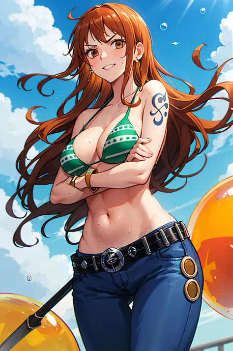 nami (one piece), 1girl, bangle, bangs, bare shoulders, belt, bikini, bikini top only, bracelet, breasts, brown eyes, bubble, cleavage, denim, earrings, floating hair, green belt, green bikini, groin, jeans, jewelry, large breasts, long hair, looking at ow...