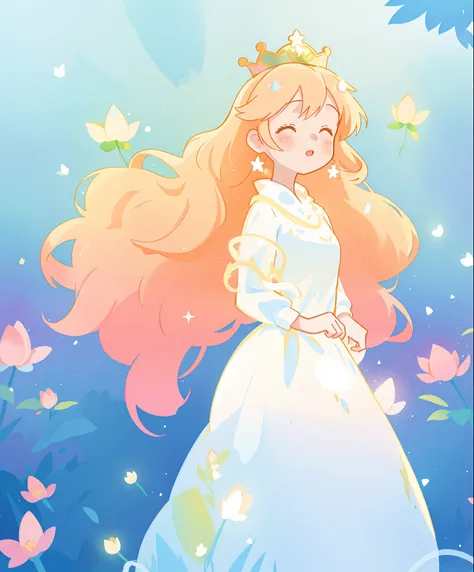 beautiful girl in white puffy ballgown, glowing ballgown, long gold peach hair, crown of delicate white flowers, colorful fantasia background, watercolor illustration, disney art style, glowing aura around her, glowing lights, beautiful digital illustratio...