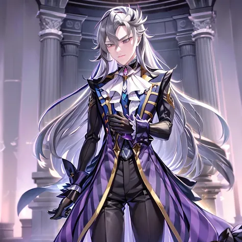 masterpiece, best quality, neuvillette, ((1boy,solo)),long hair,grey hair,multicolored hair,feather hair ornament, purple eyes, ...