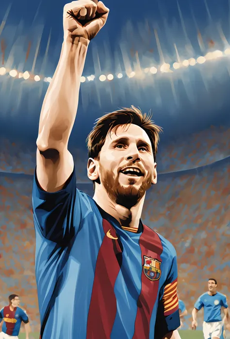 （A vivid image of a footballer celebrating a goal）, Raise your right hand into a fist above your head, （The left hand hangs naturally）, （lionel messi）, Lionel Messi wears a blue jersey, There is a number 10 on the jersey, Portrait of Lionel Messi, （America...