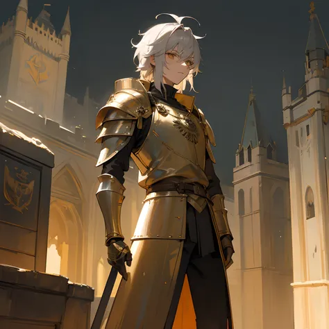 Golden eyes , silver hair , messy hair , knights armor with a golden symbol infront , kingdom background , standing infront of a castle , 1male