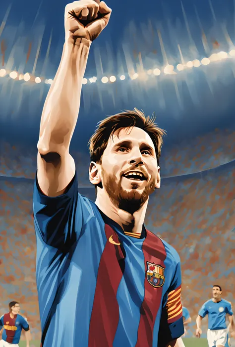 （A vivid image of a footballer celebrating a goal）, Raise your right hand into a fist above your head, （The left hand hangs naturally）, （lionel messi）, Lionel Messi wears a blue jersey, There is a number 10 on the jersey, Portrait of Lionel Messi, （America...