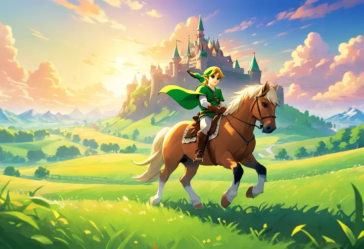 link riding epona, riding a horse, a bautiful landscape of hyrule field, an intricate castle in the foreground, green, masterpiece, best quality, epic, cinematic, wallpaper, a rpg loading screen