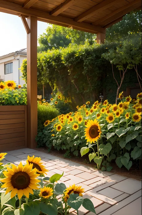 Sunflower House Gloria Studio, The garden is full of sunflowers, Clay material, Cartoon design style, pop mart, Soft lighting, Smooth lines, tilt shift lens, Detailed science fiction illustration, Hyper-realistic details, warm color