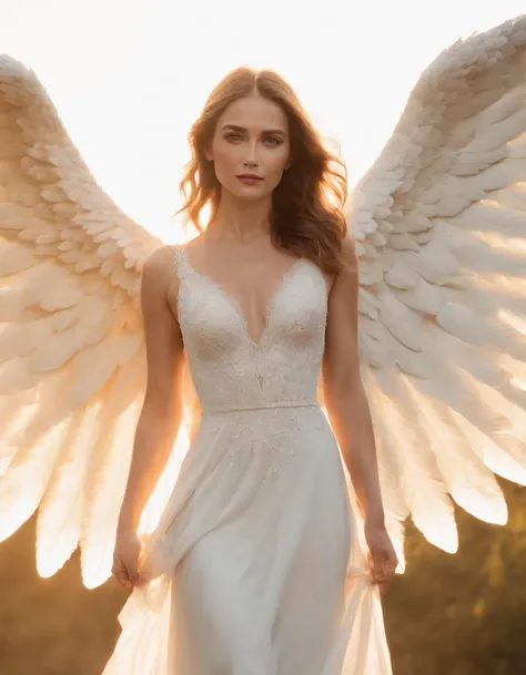 Craft a poignant ultra-realistic 8k image capturing the transcendent beauty of a fiercely confident woman. Illuminate her features with warm, golden light, emphasizing her strength and grace. Enrich the scene with big, luminous white angel wings, conveying...