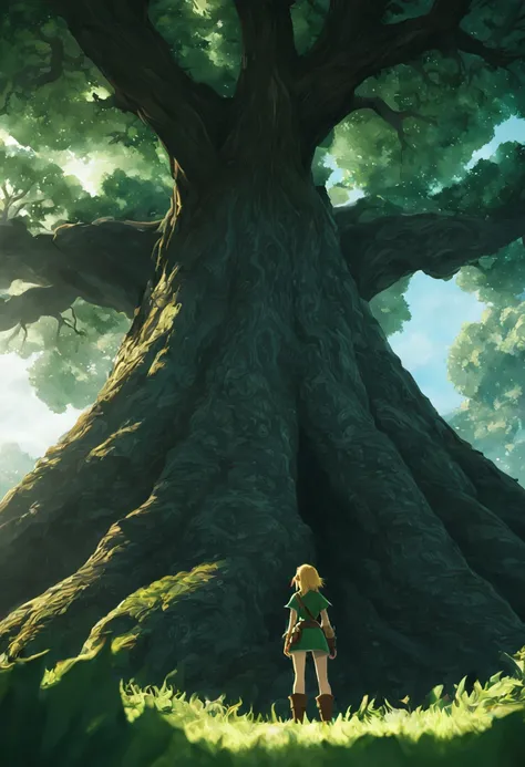 A femenine version of link from tloz in front of the great deku tree, intricate tree, (cinematic), soft light from the right, epic, from behind, from below, a really big tree