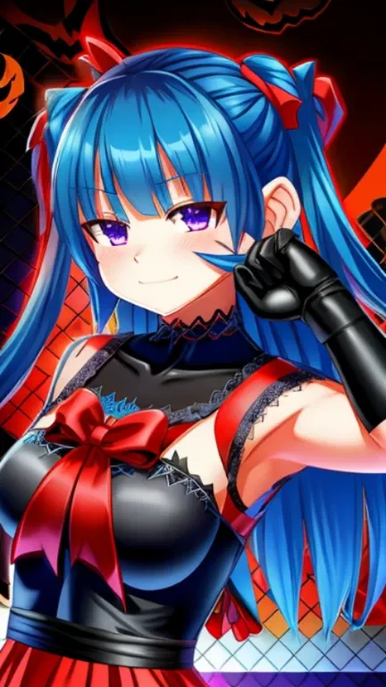 Half-twin tails with blue hair、Purple Mesh、Mine-based costumes、Akame、Black Gloves、Halloween、Red ribbons