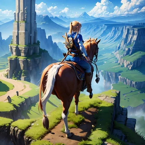 wide focus from above, finest image, (8k, RAW photo, realistic), detailed and delicate depiction and flashy and dynamic painting method, legend of Zelda landscape painting, fantasy, beautiful