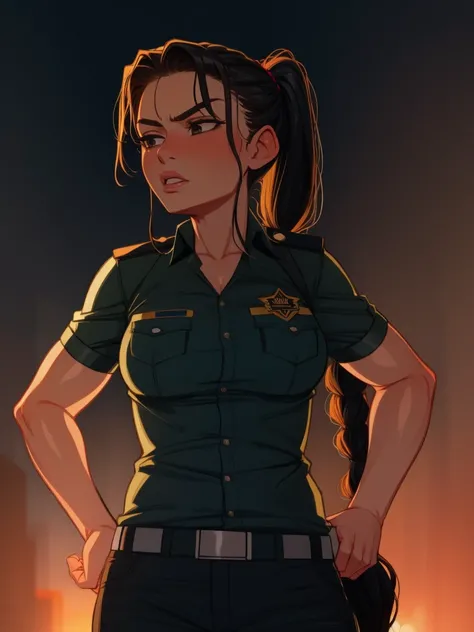 Serious female cop, latina, hispanic, tied back hair, night background, cop uniform, pony tail,