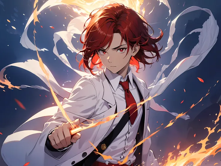 (ultra-detailed, perfect pixel, highres, best quality, beautiful eyes finely detailed), 19 years old anime boy, short raven hair, wavy hair, parted bangs, red hair, gradient hair color, flowing crimson hair that dances like flames, there is many red lightn...