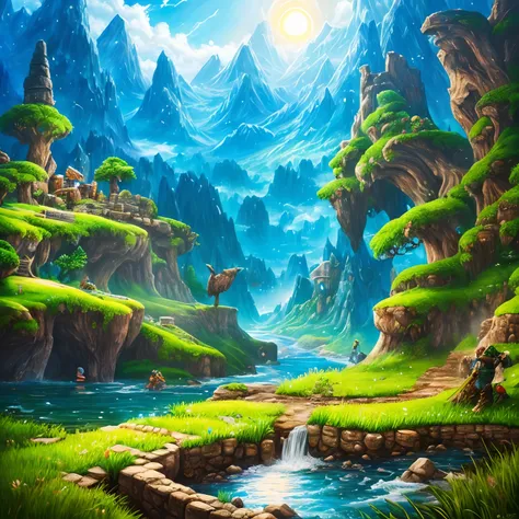 finest image, (8k, RAW photo, realistic), detailed and delicate depiction and flashy and dynamic painting method, legend of Zelda landscape painting, fantasy, beautiful