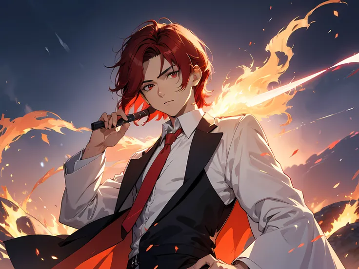 (ultra-detailed, perfect pixel, highres, best quality, beautiful eyes finely detailed), 19 years old anime boy, short raven hair, wavy hair, parted bangs, red hair, gradient hair color, flowing crimson hair that dances like flames, there is many red lightn...