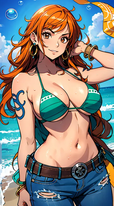 nami (one piece), 1girl, bangle, bangs, bare shoulders, belt, bikini, bikini top only, bracelet, breasts, brown eyes, bubble, cleavage, denim, earrings, floating hair, green belt, green bikini, groin, jeans, jewelry, large breasts, long hair, looking at ow...