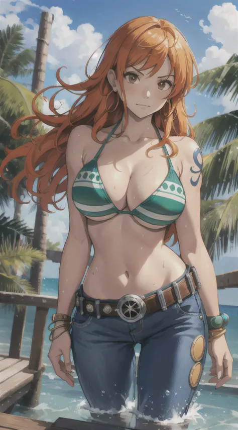 nami (one piece), 1girl, bangle, bangs, bare shoulders, belt, bikini, bikini top only, bracelet, breasts, brown eyes, bubble, cleavage, denim, earrings, floating hair, green belt, green bikini, groin, jeans, jewelry, large breasts, long hair, looking at ow...