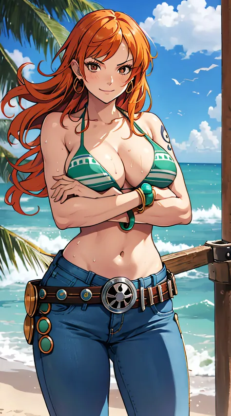 nami (one piece), 1girl, bangle, bangs, bare shoulders, belt, bikini, bikini top only, bracelet, breasts, brown eyes, bubble, cleavage, denim, earrings, floating hair, green belt, green bikini, groin, jeans, jewelry, large breasts, long hair, looking at ow...