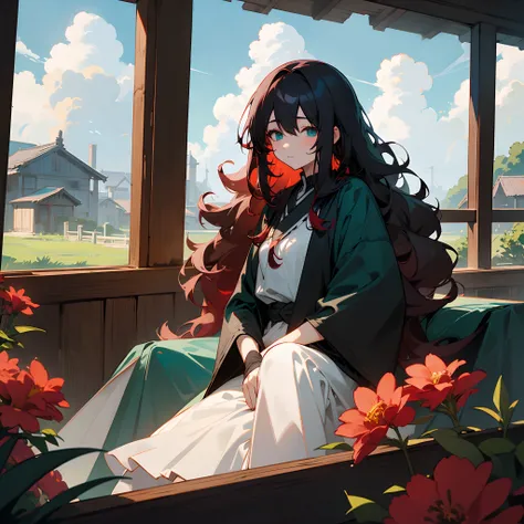 1female, adult, long messy curly red and black colored hair, finely detailed aqua eyes, loose yukata clothing, best lighting and shadows, sitting in village home, clouds, flowers