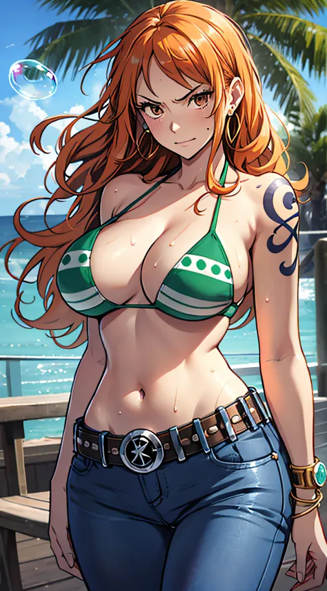 nami (one piece), 1girl, bangle, bangs, bare shoulders, belt, bikini, bikini top only, bracelet, breasts, brown eyes, bubble, cleavage, denim, earrings, floating hair, green belt, green bikini, groin, jeans, jewelry, large breasts, long hair, looking at ow...