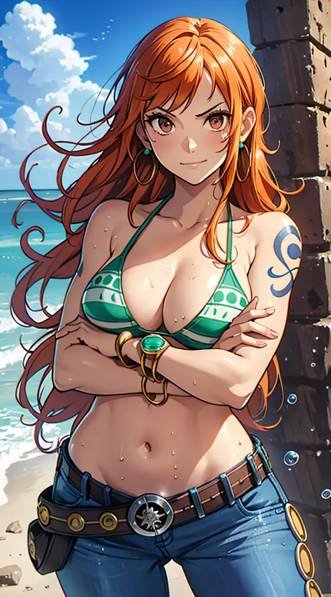 nami (one piece), 1girl, bangle, bangs, bare shoulders, belt, bikini, bikini top only, bracelet, breasts, brown eyes, bubble, cleavage, denim, earrings, floating hair, green belt, green bikini, groin, jeans, jewelry, large breasts, long hair, looking at ow...