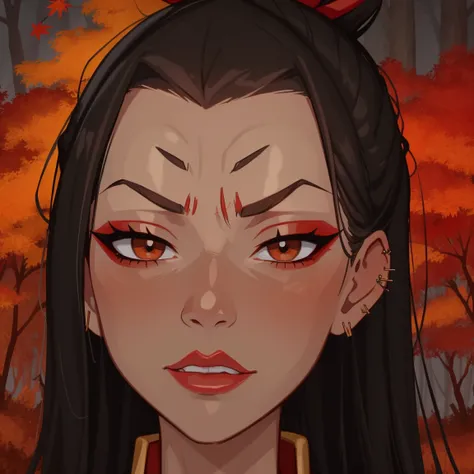 Azula, goth girl, autumn forest background, detailed, detailed, detailed, beautiful, detail, goth girl, masterpiece, red clothes, dark night background, gothic, goth, goth, detailed, goth girl, piercings, detailed face, looking viewer, Azula, (Dark eye sha...