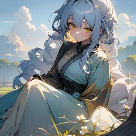 1female, adult, long messy curly blue and grey colored hair, finely detailed yellow eyes, loose yukata clothing, best lighting and shadows, sitting in village home, clouds, flowers