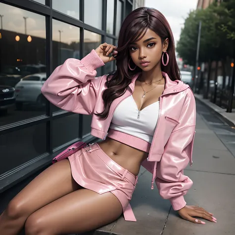 Fantasy style photo of a beautiful brown skinned teenage female. She had long pink acrylic nails, holding a stack of cash in one hand, and a bedazzled pink old school phone up to her ear in the other hand. She has lashes and lipgloss on. She is wearing a p...