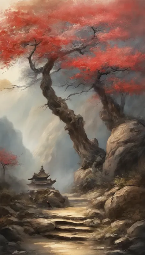 Quaint Han Dynasty style temple，（There was an ancient Chinese monk who sat and meditated（closeup cleavage）），（Meditate），zazen，age-old tree，falling leaf，（Chinese landscape painting style），（Pastel ink painting），（8k wallpaper），（light and shadow effect），renderi...