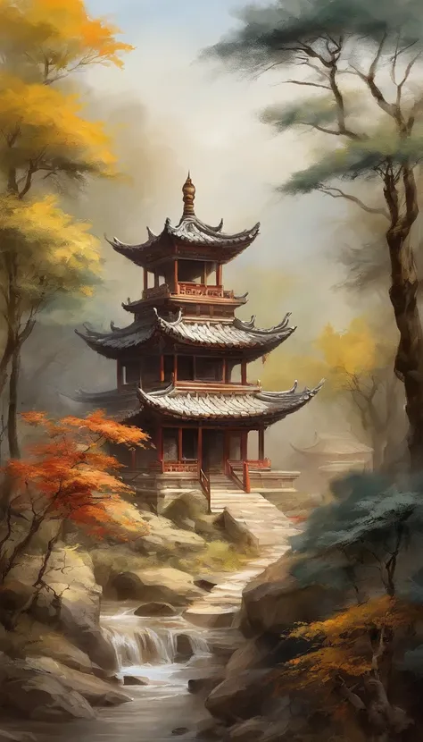 Quaint Han Dynasty style temple，（There was an ancient Chinese monk who sat and meditated（closeup cleavage）），（Meditate），zazen，age-old tree，falling leaf，（Chinese landscape painting style），（Pastel ink painting），（8k wallpaper），（light and shadow effect），renderi...