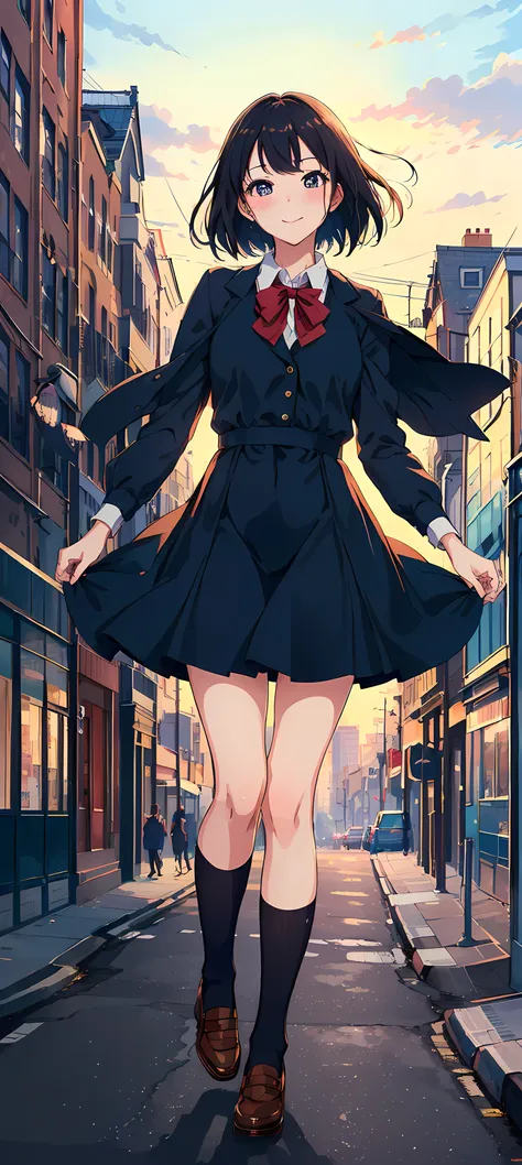 (best quality, 8k, masterpiece:1.2), Kitagawa Marin, My Dress-up Darling, cute, hot, smile, blushed, school dress, perfect eyes, expressive eyes, dynamic pose, city background, cityscape, simple background