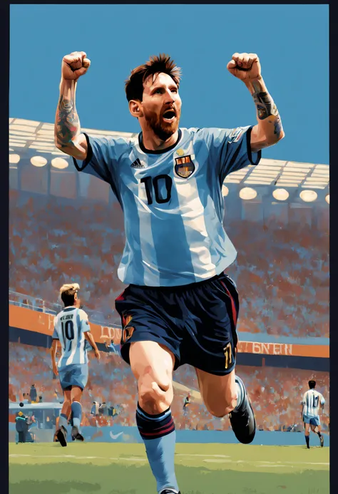 （A vivid image of a footballer celebrating a goal）, The right hand is raised with a fist, （The left hand hangs naturally）, （Lionel Messi）, Lionel Messi wears a blue jersey, There are numbers 10 on the jersey, Portrait of Lionel Messi, （American retro poste...