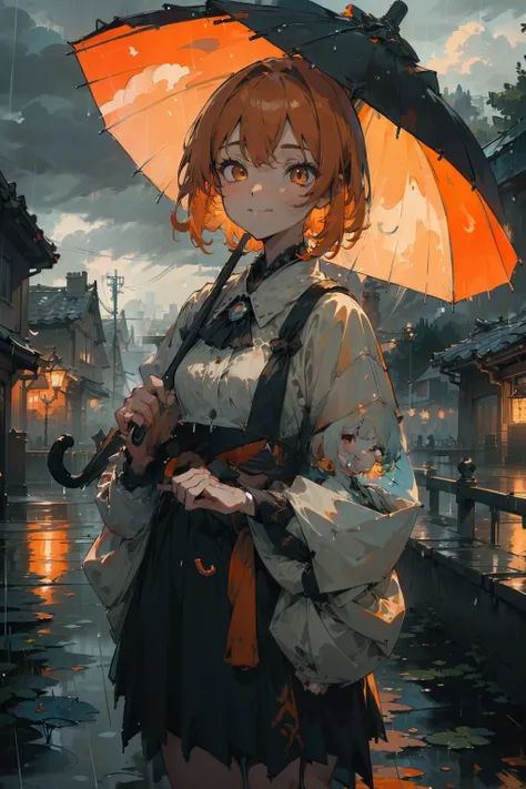 (Masterpiece:1.3, best quality:1.5, ultra-detailed:1.4,4k,HiRes), (impressionism:1.3),1girl, solo, orange hair, short hair, shoulder-length hair, straight hair, orange eyes, round eyes, street fashion, ((raining)), in the night, ((cloudy)), dark, seeing a ...