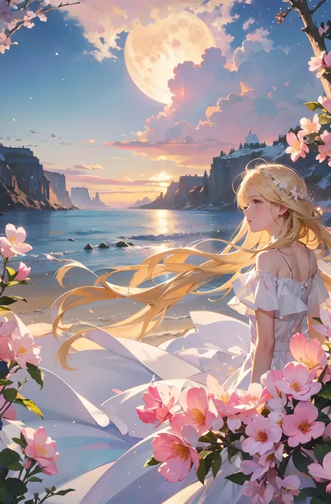 （Need，tmasterpiece），1girl，pose，Particle，ventania，florals，The upper part of the body，simplebackground，looking at viewert，Focus on the face，blond hairbl，Back，Turning Head，Correct anatomy，Detailed face, Detailed eyes，Castle, Flowers, delicate scene, sky, Whit...